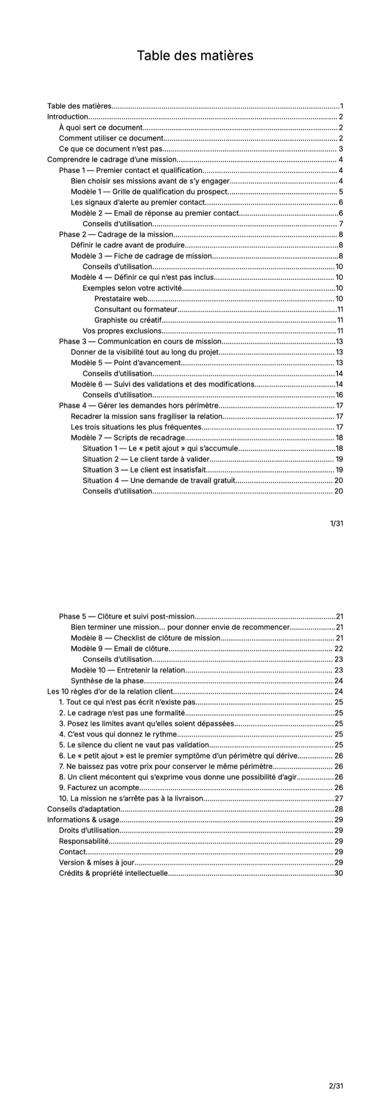 Sommaire — Kit relation client pour indépendant : cadrer vos missions du premier contact à la clôture